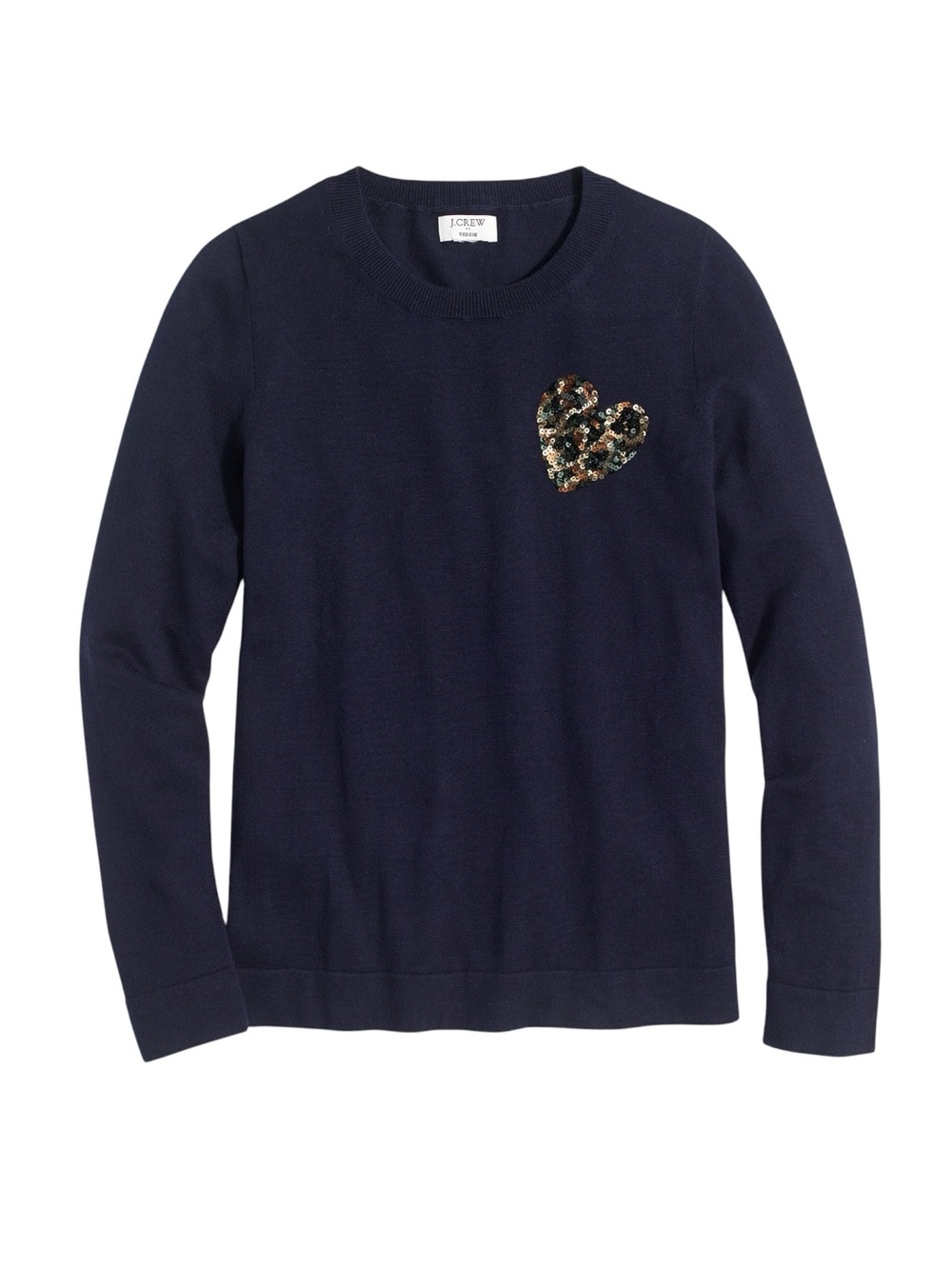 J. Crew Factory Sequined-Heart Leopard Teddie Sweater Navy Blue Sz XS NWT